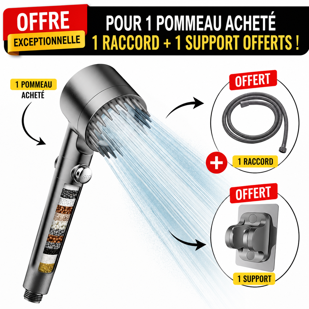 Pommeau de Douche Filtrant Haute Pression avec Flexible, Support Mural & Bouton Stop – Filtration Minérale Intégrée (Fac)