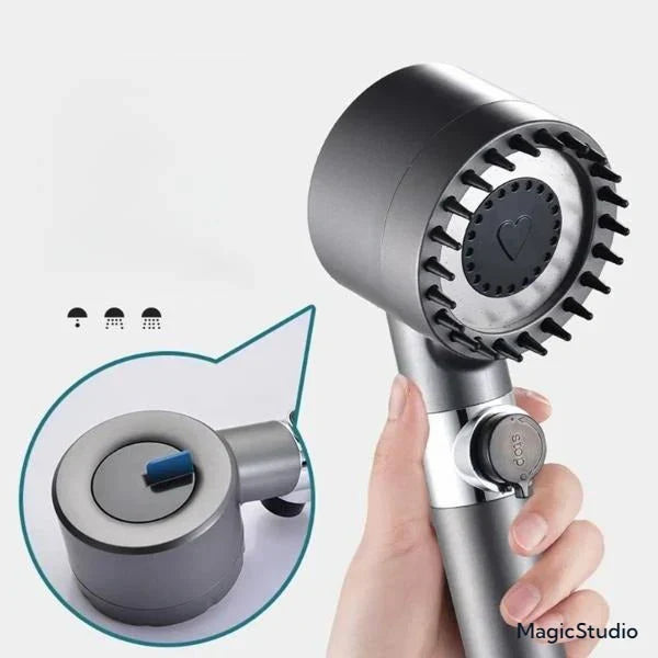 Pommeau de Douche Filtrant Haute Pression avec Flexible, Support Mural & Bouton Stop – Filtration Minérale Intégrée (SN)